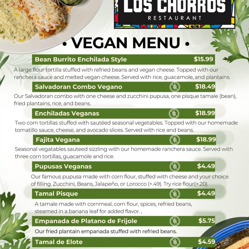 A close-up of a vegan bean burrito enchilada style with rice and guacamole, from Los Chorros Restaurant.